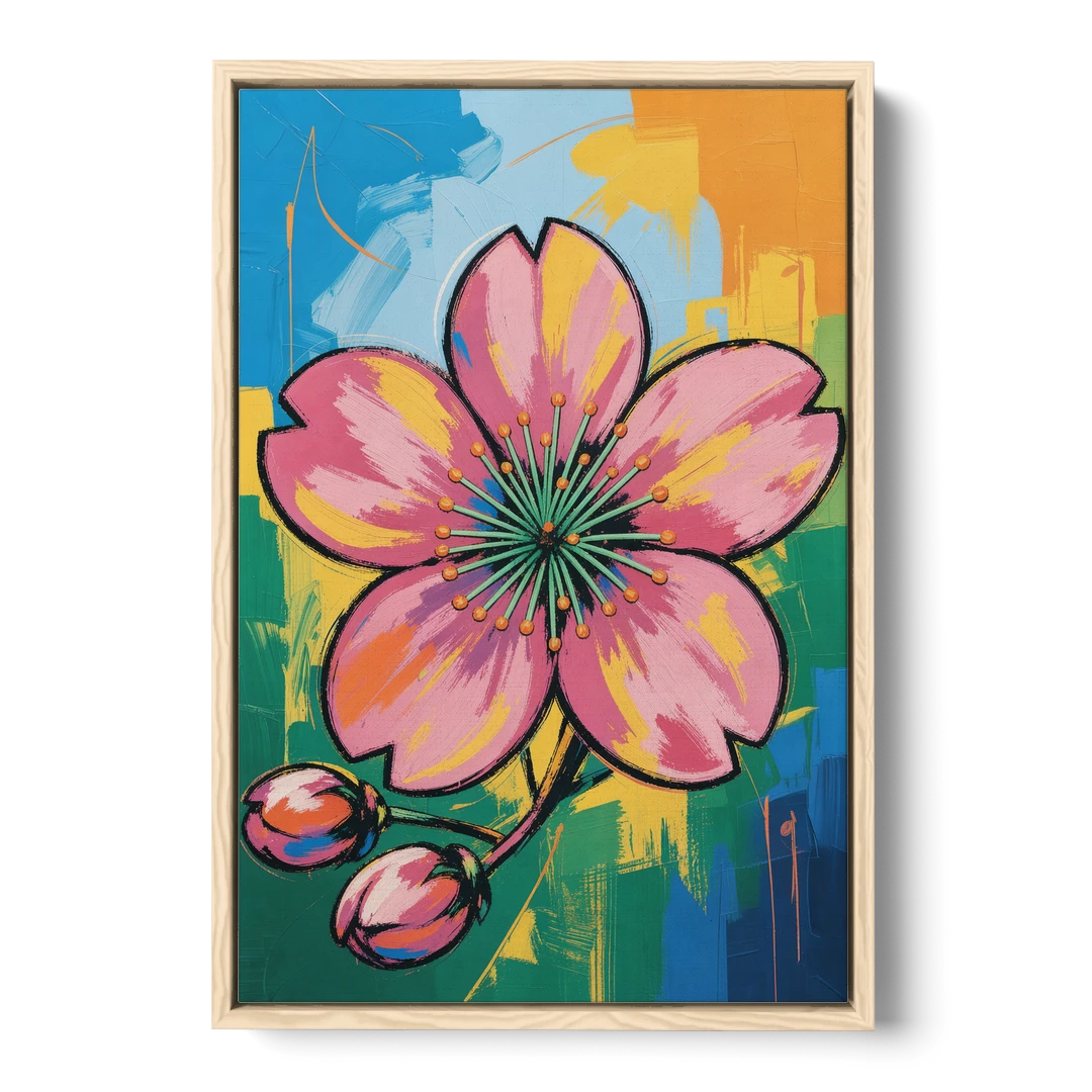 Pop Art Pink Cherry Blossom with Color Blocks - Oak Framed Canvas Wall Art - Front