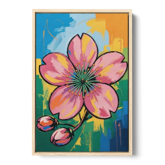 Pop Art Pink Cherry Blossom with Color Blocks - Oak Framed Canvas Wall Art - Front