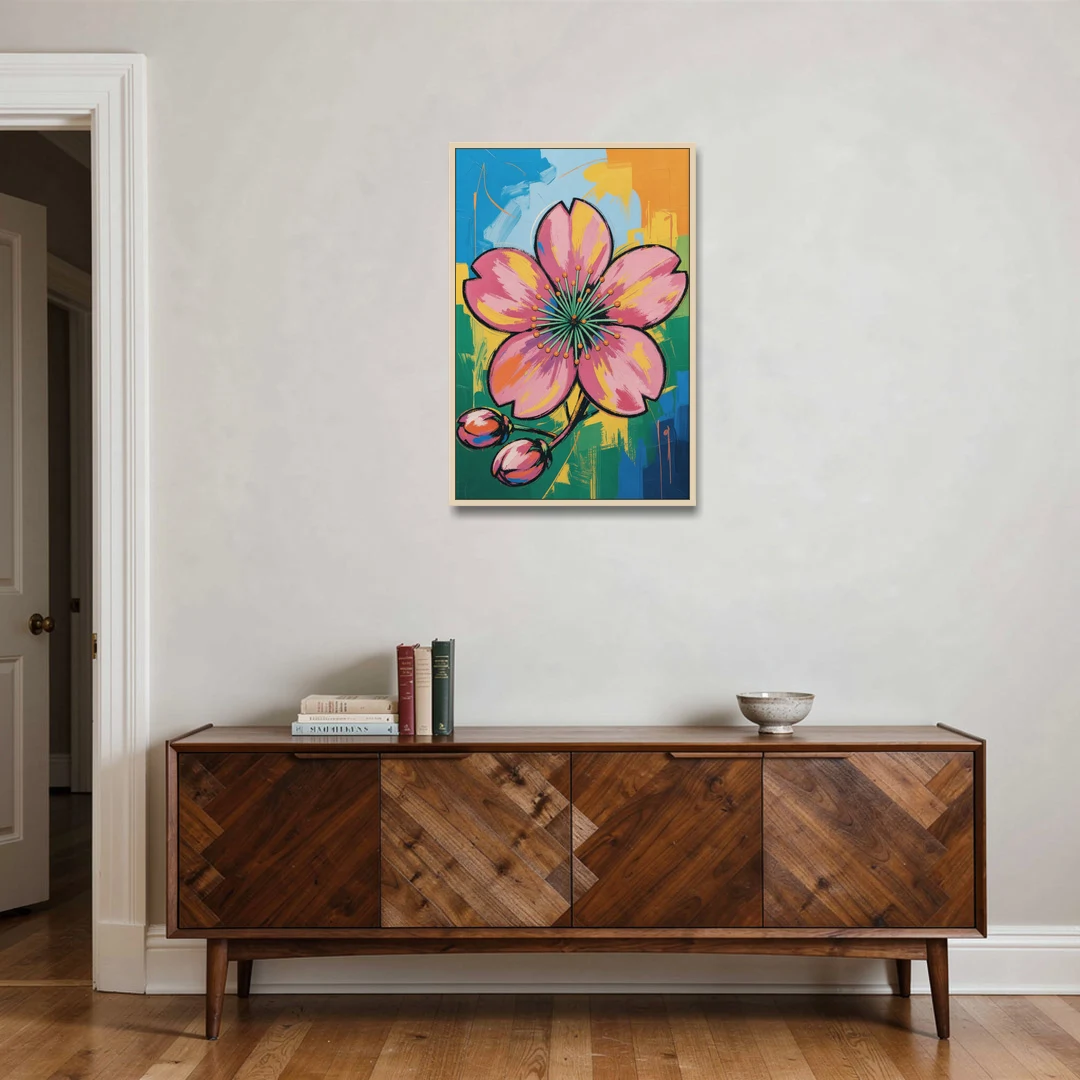 Pop Art Pink Cherry Blossom with Color Blocks - Oak Framed Canvas Wall Art - Coffee Table - 24x36