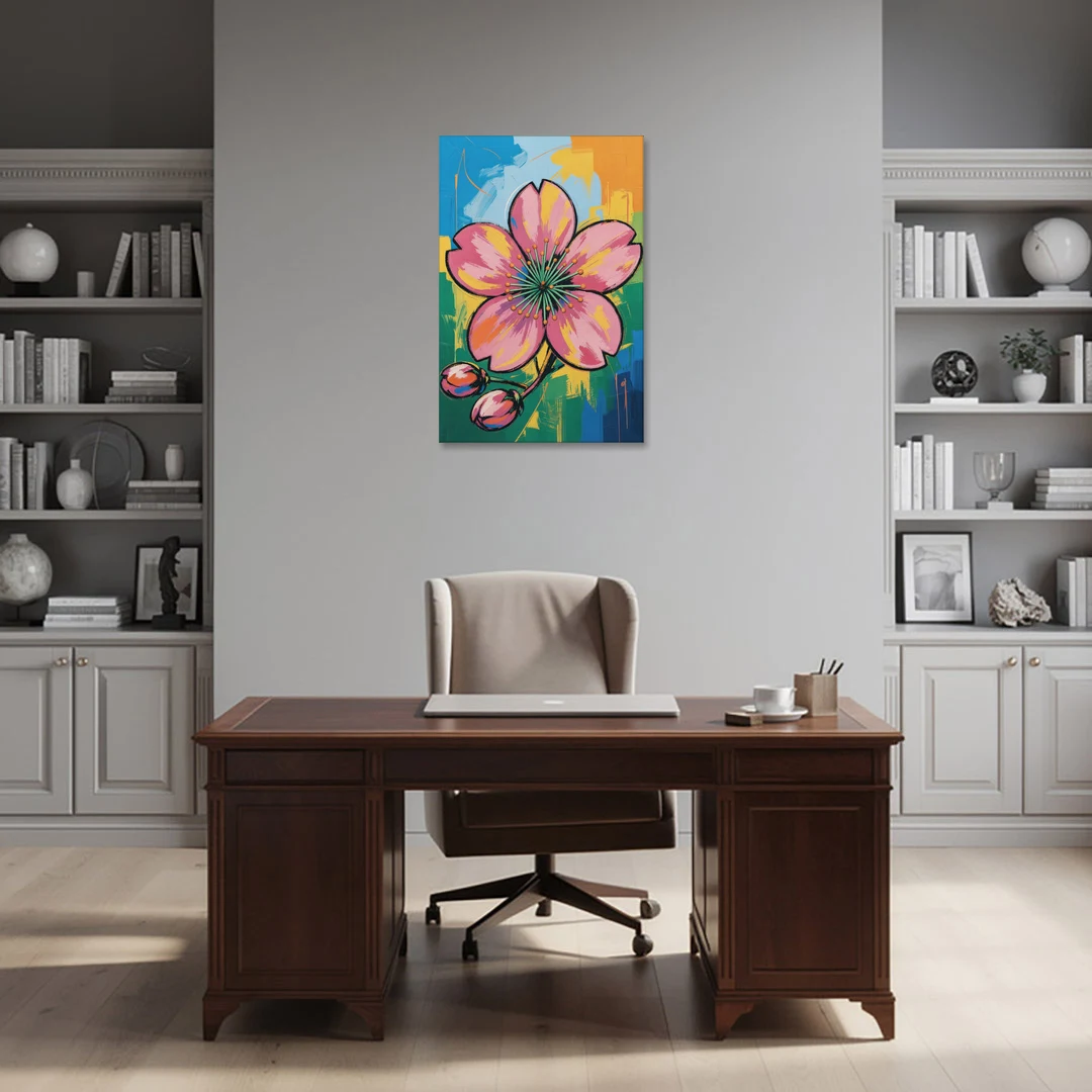 Pop Art Pink Cherry Blossom with Color Blocks - Canvas Wall Art - Office - 24x36