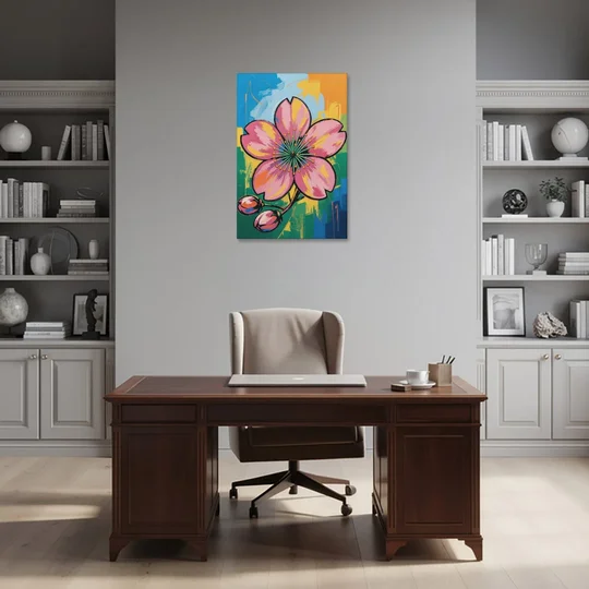 Pop Art Pink Cherry Blossom with Color Blocks - Canvas Wall Art - Office - 24x36
