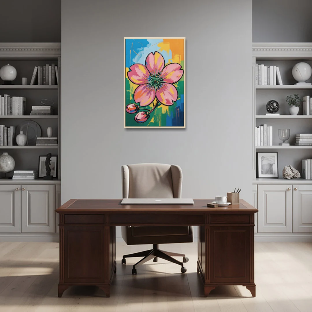 Pop Art Pink Cherry Blossom with Color Blocks - Oak Framed Canvas Wall Art - Office - 24x36