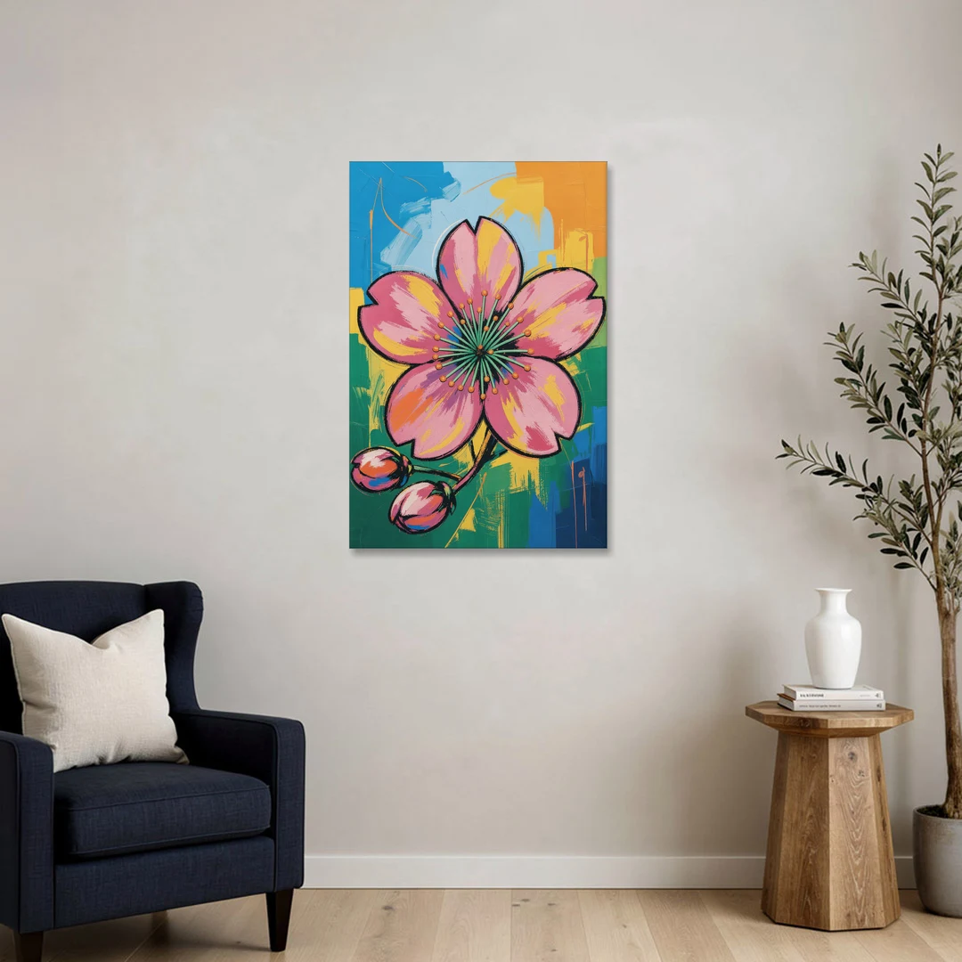 Pop Art Pink Cherry Blossom with Color Blocks - Canvas Wall Art - Sofa - 24x36