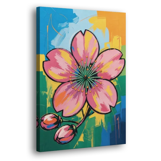 Pop Art Pink Cherry Blossom with Color Blocks - Canvas Wall Art - Side