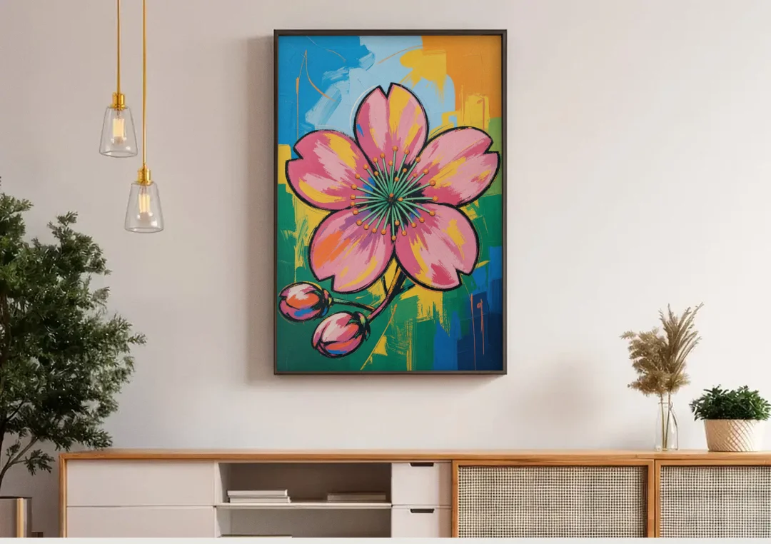 Pop Art Pink Cherry Blossom with Color Blocks canvas wall art above a wooden sideboard under pendant lights