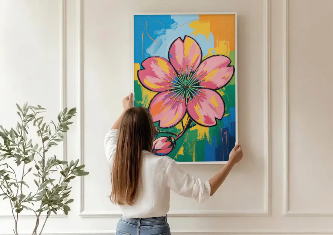 Pop Art Pink Cherry Blossom with Color Blocks canvas wall art being hung on a paneled wall