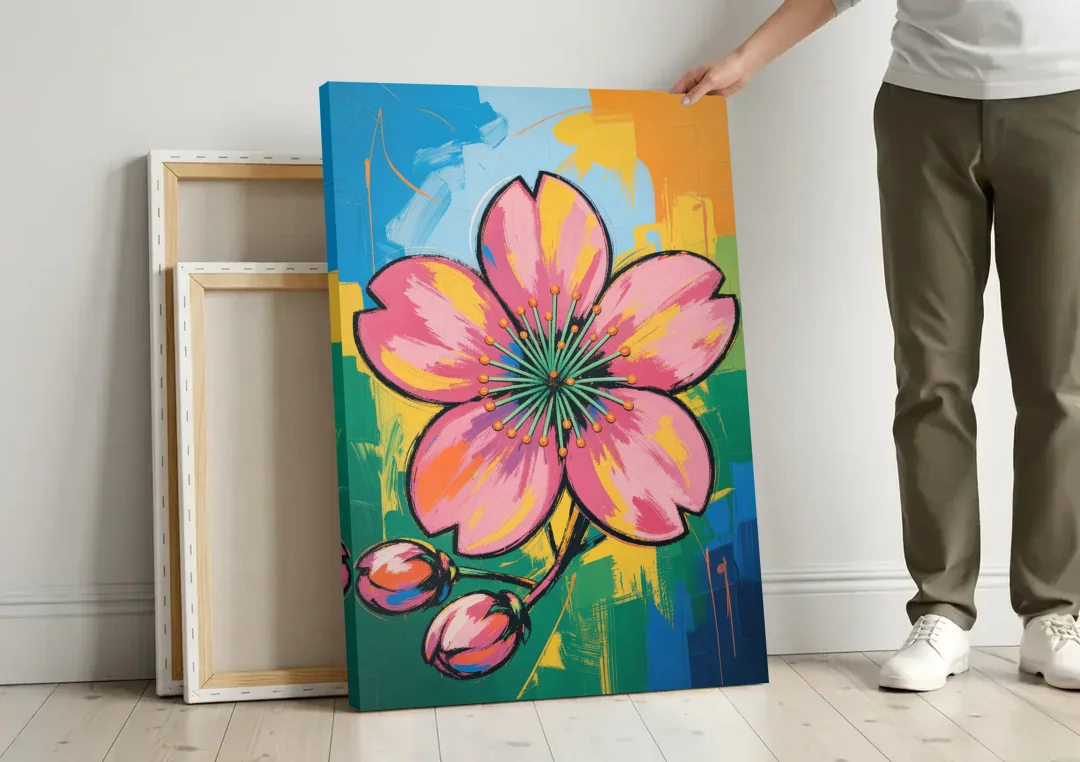 Pop Art Pink Cherry Blossom with Color Blocks canvas wall art leaning against a wall next to blank canvases