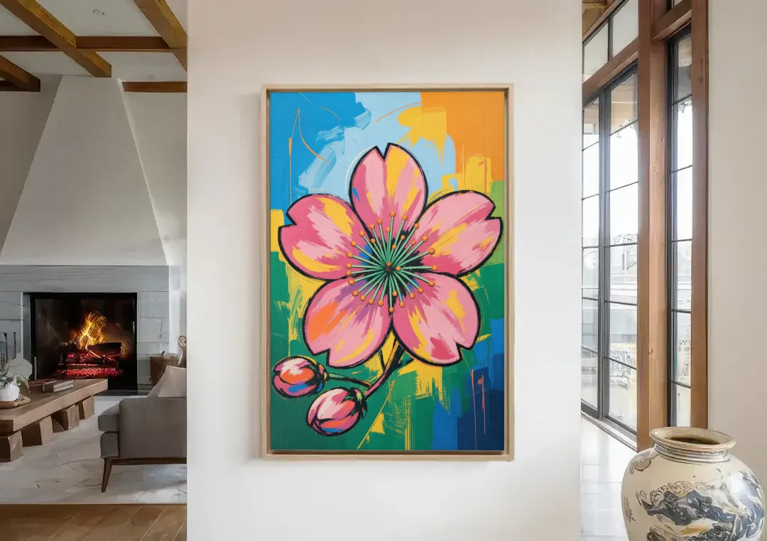 Pop Art Pink Cherry Blossom with Color Blocks canvas wall art in a living room with a fireplace