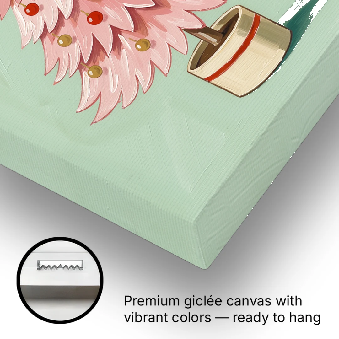 Pink Christmas Tree Painting in a Cream Drum Pot - Canvas Wall Art - Gallery Wrap Corner