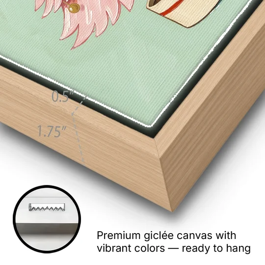 Pink Christmas Tree Painting in a Cream Drum Pot - Oak Framed Canvas Wall Art - Gallery Wrap Corner