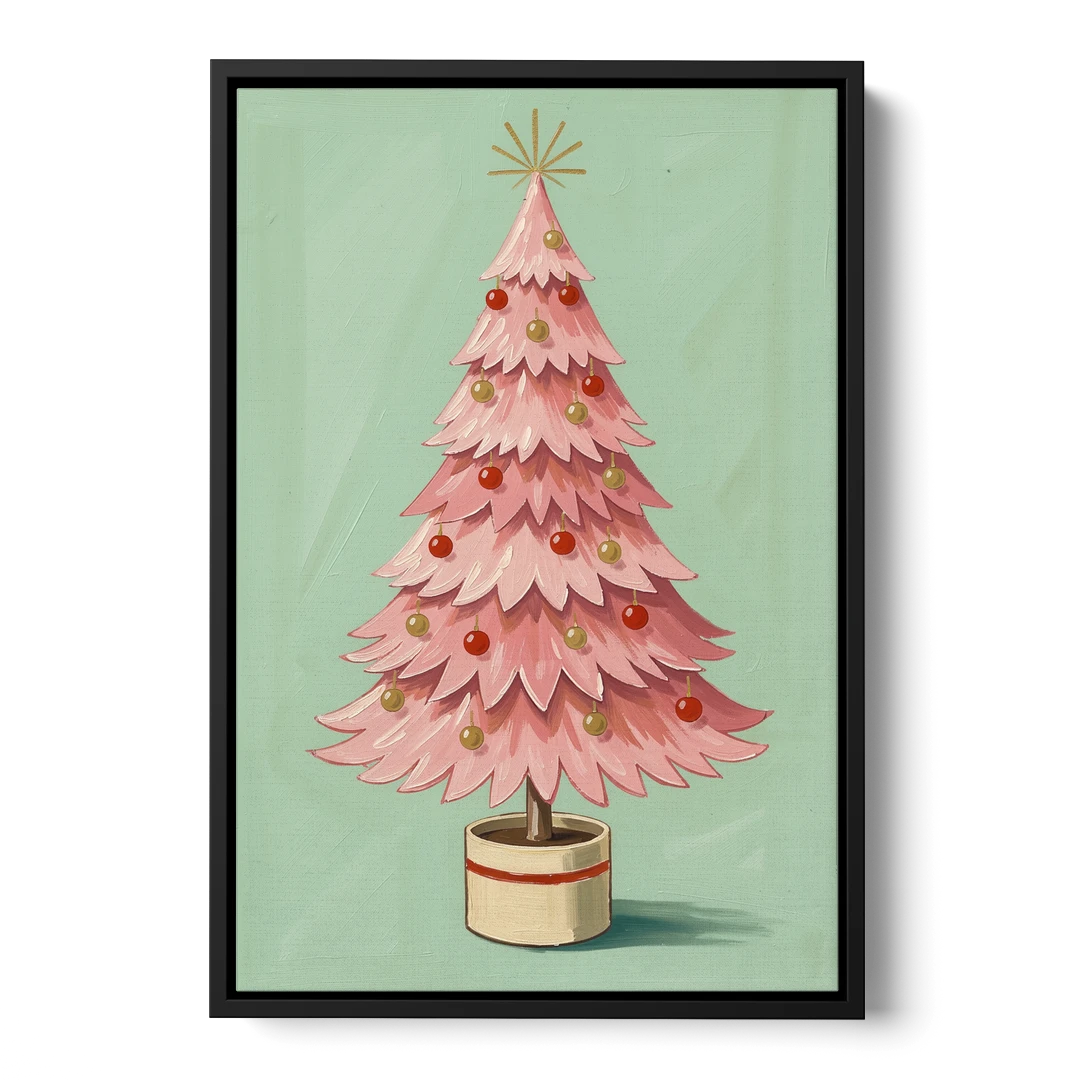 Pink Christmas Tree Painting in a Cream Drum Pot - Black Framed Canvas Wall Art - Front