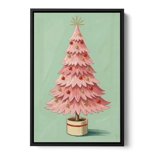 Pink Christmas Tree Painting in a Cream Drum Pot - Black Framed Canvas Wall Art - Front