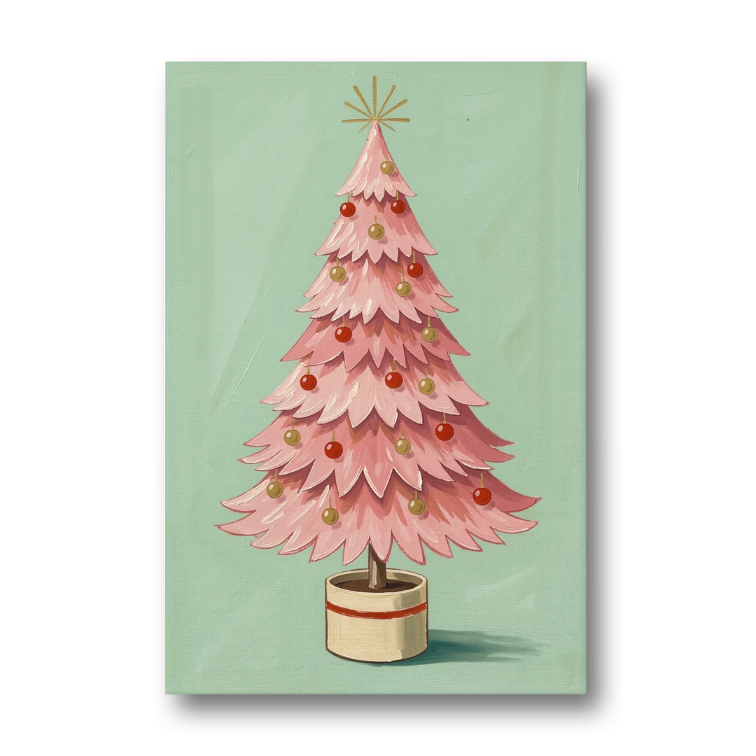 Pink Christmas Tree Painting in a Cream Drum Pot - Canvas Wall Art - Front