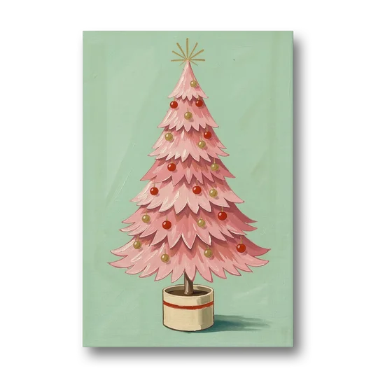 Pink Christmas Tree Painting in a Cream Drum Pot - Canvas Wall Art - Front