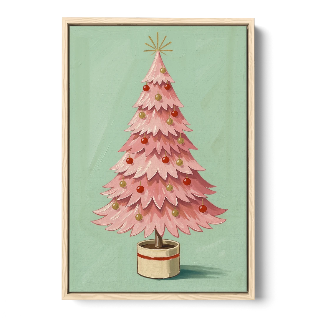 Pink Christmas Tree Painting in a Cream Drum Pot - Oak Framed Canvas Wall Art - Front