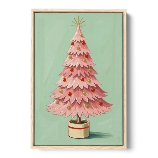 Pink Christmas Tree Painting in a Cream Drum Pot - Oak Framed Canvas Wall Art - Front