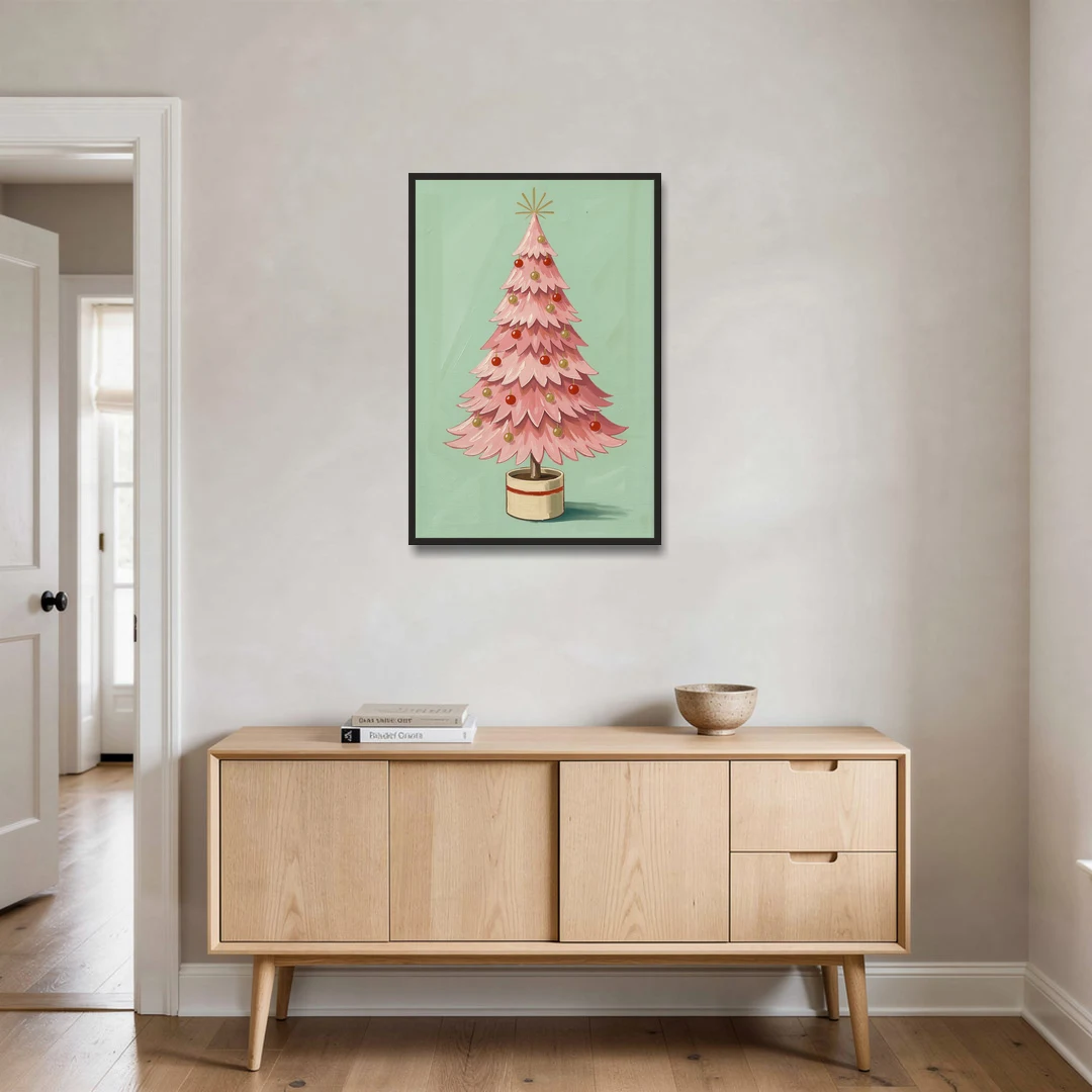 Pink Christmas Tree Painting in a Cream Drum Pot - Black Framed Canvas Wall Art - Coffee Table - 24x36