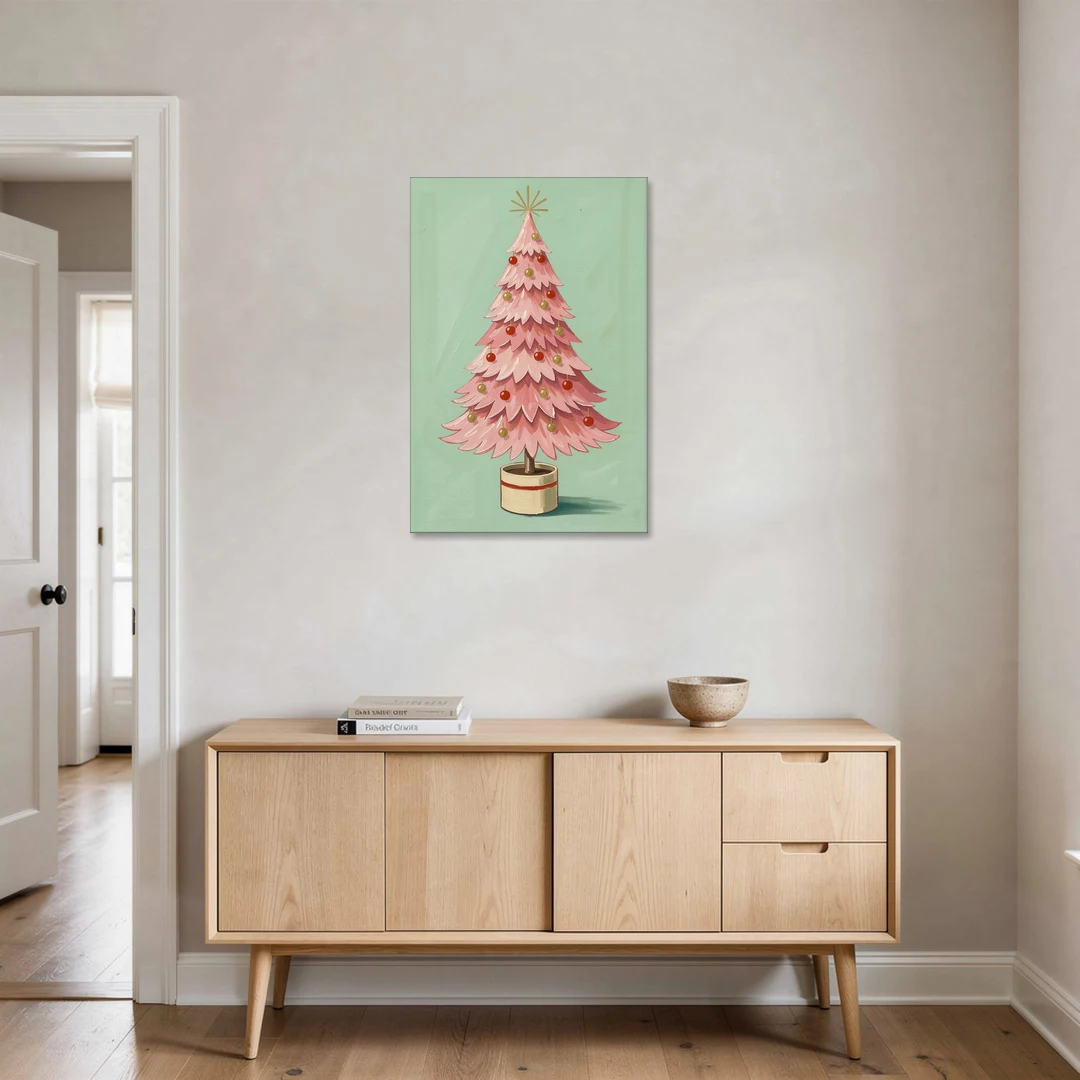 Pink Christmas Tree Painting in a Cream Drum Pot - Canvas Wall Art - Coffee Table - 24x36