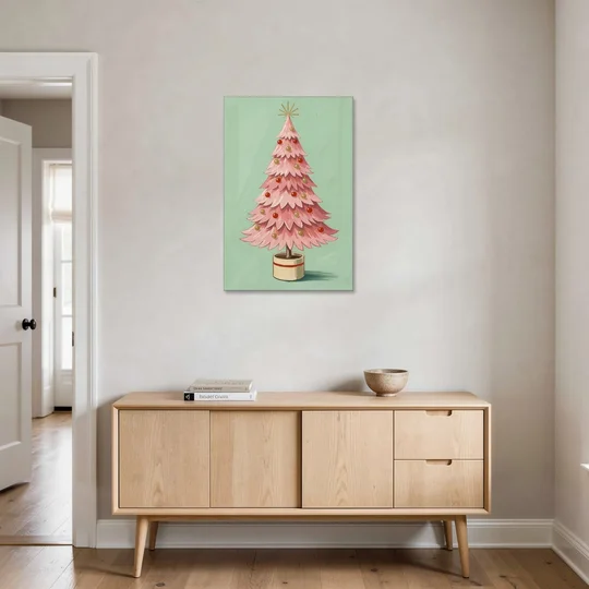 Pink Christmas Tree Painting in a Cream Drum Pot - Canvas Wall Art - Coffee Table - 24x36