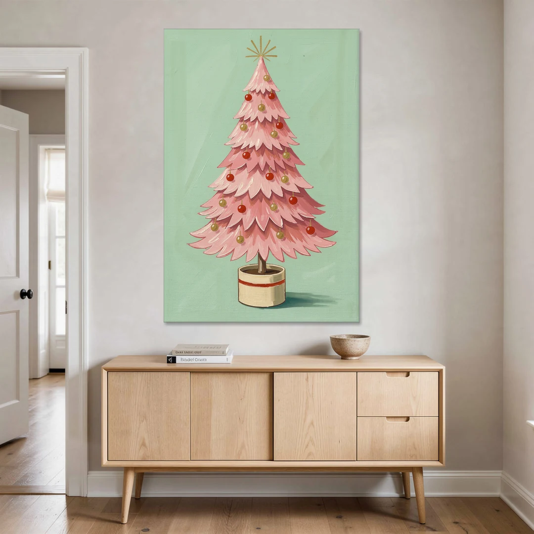 Pink Christmas Tree Painting in a Cream Drum Pot - Canvas Wall Art - Coffee Table - 40x60
