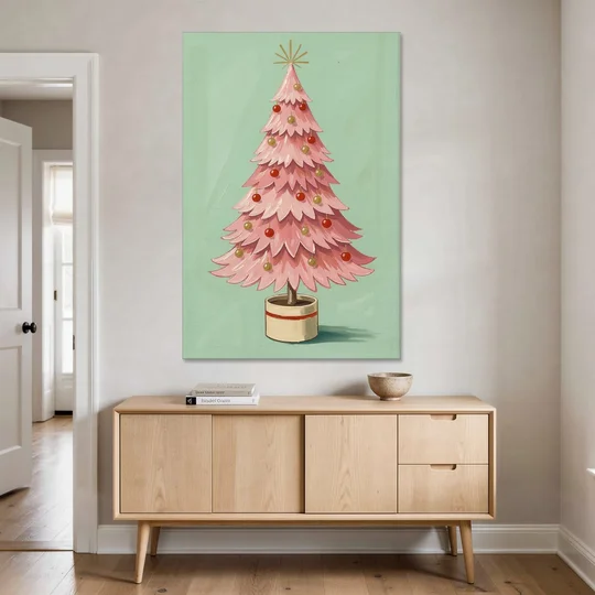 Pink Christmas Tree Painting in a Cream Drum Pot - Canvas Wall Art - Coffee Table - 40x60