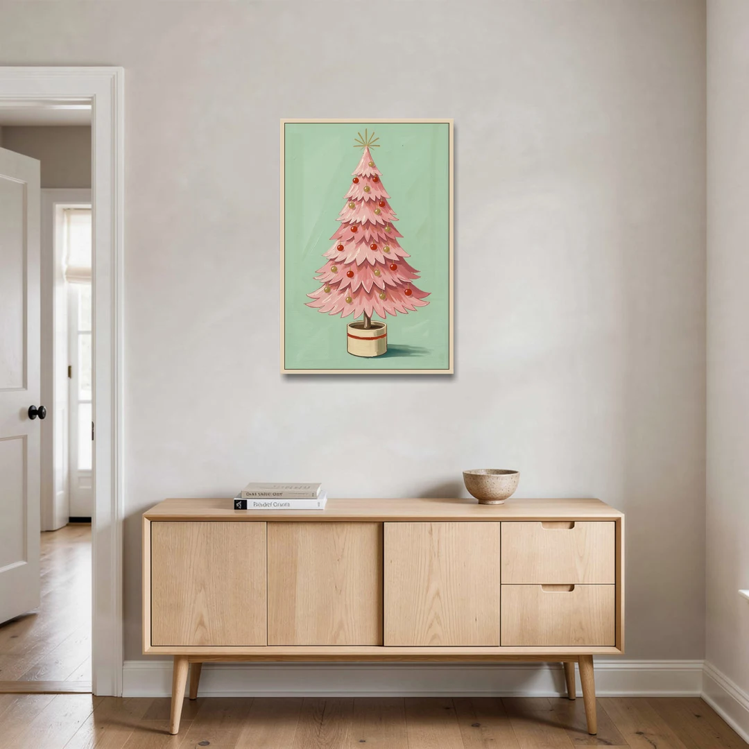 Pink Christmas Tree Painting in a Cream Drum Pot - Oak Framed Canvas Wall Art - Coffee Table - 24x36