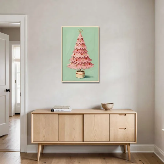 Pink Christmas Tree Painting in a Cream Drum Pot - Oak Framed Canvas Wall Art - Coffee Table - 24x36