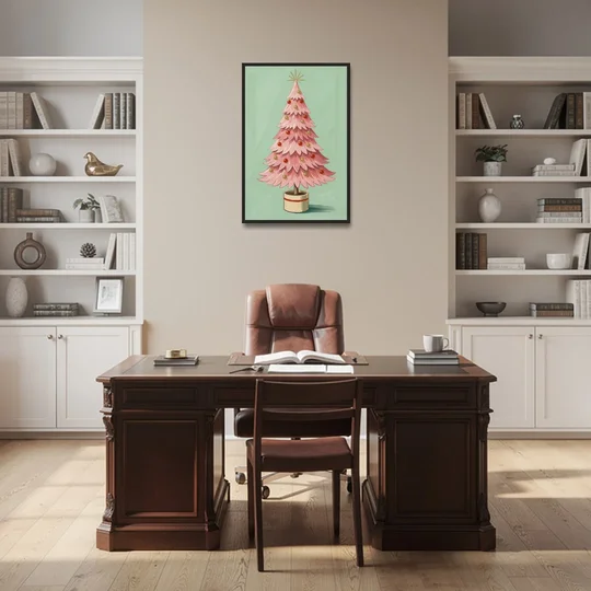 Pink Christmas Tree Painting in a Cream Drum Pot - Black Framed Canvas Wall Art - Office - 24x36