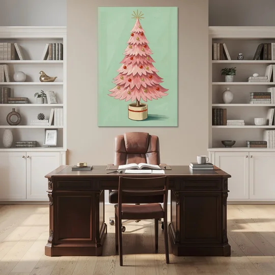 Pink Christmas Tree Painting in a Cream Drum Pot - Canvas Wall Art - Office - 40x60