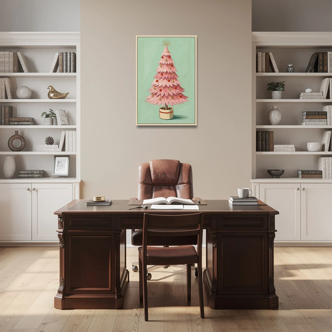 Pink Christmas Tree Painting in a Cream Drum Pot - Oak Framed Canvas Wall Art - Office - 24x36