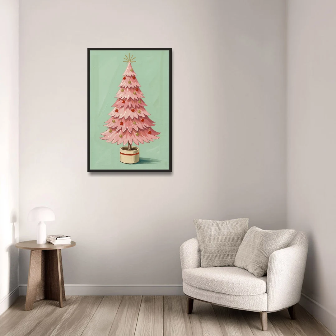Pink Christmas Tree Painting in a Cream Drum Pot - Black Framed Canvas Wall Art - Sofa - 24x36