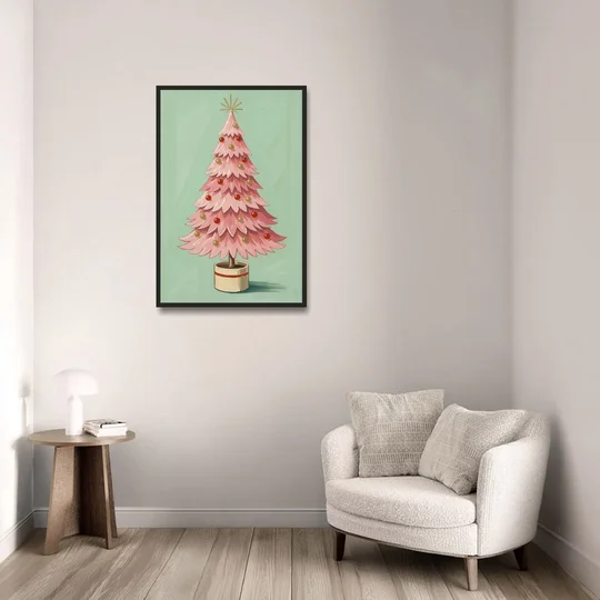 Pink Christmas Tree Painting in a Cream Drum Pot - Black Framed Canvas Wall Art - Sofa - 24x36