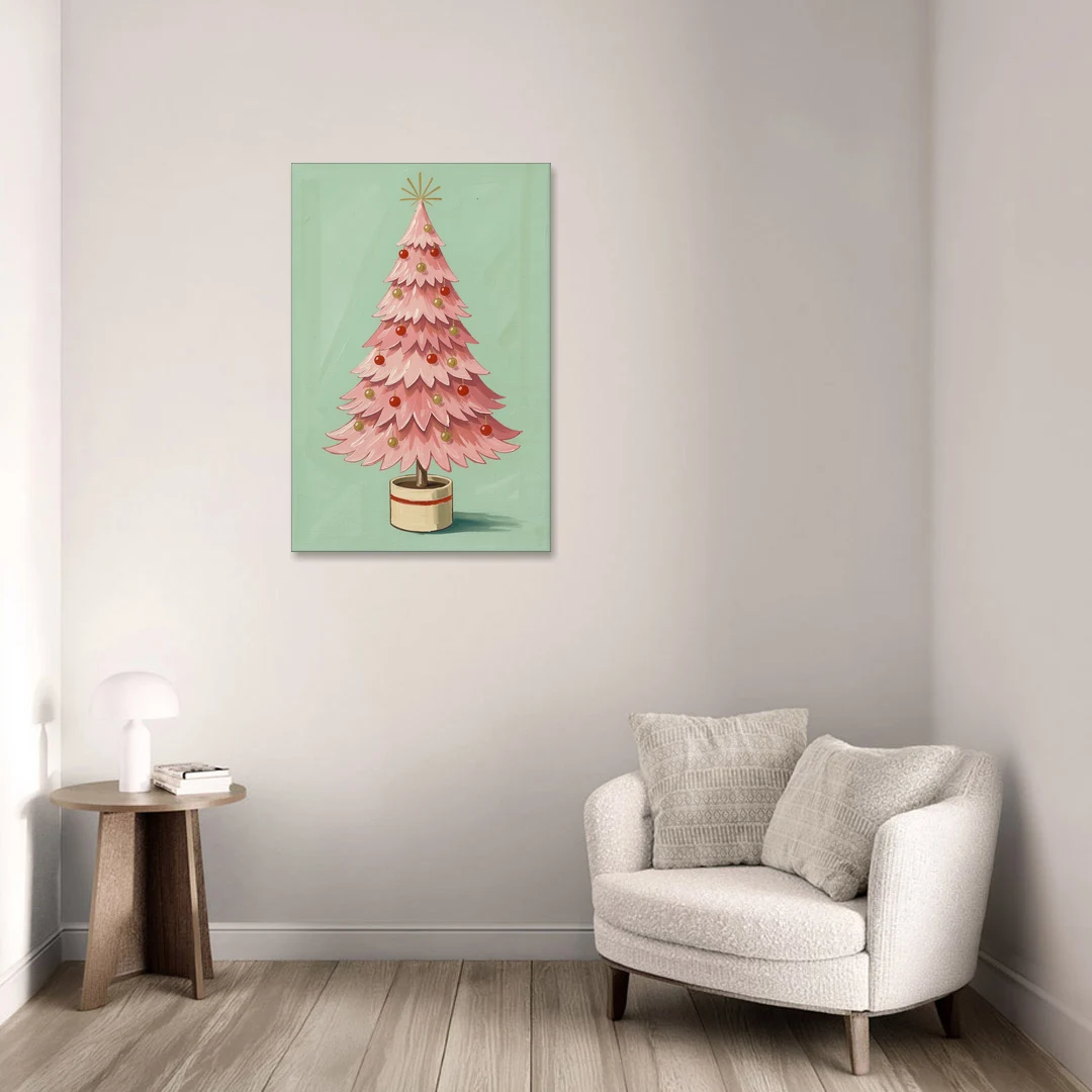 Pink Christmas Tree Painting in a Cream Drum Pot - Canvas Wall Art - Sofa - 24x36