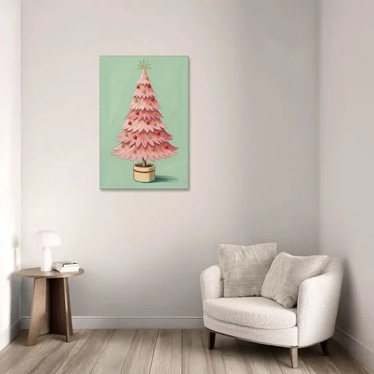 Pink Christmas Tree Painting in a Cream Drum Pot - Canvas Wall Art - Sofa - 24x36