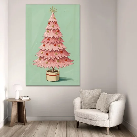 Pink Christmas Tree Painting in a Cream Drum Pot - Canvas Wall Art - Sofa - 40x60
