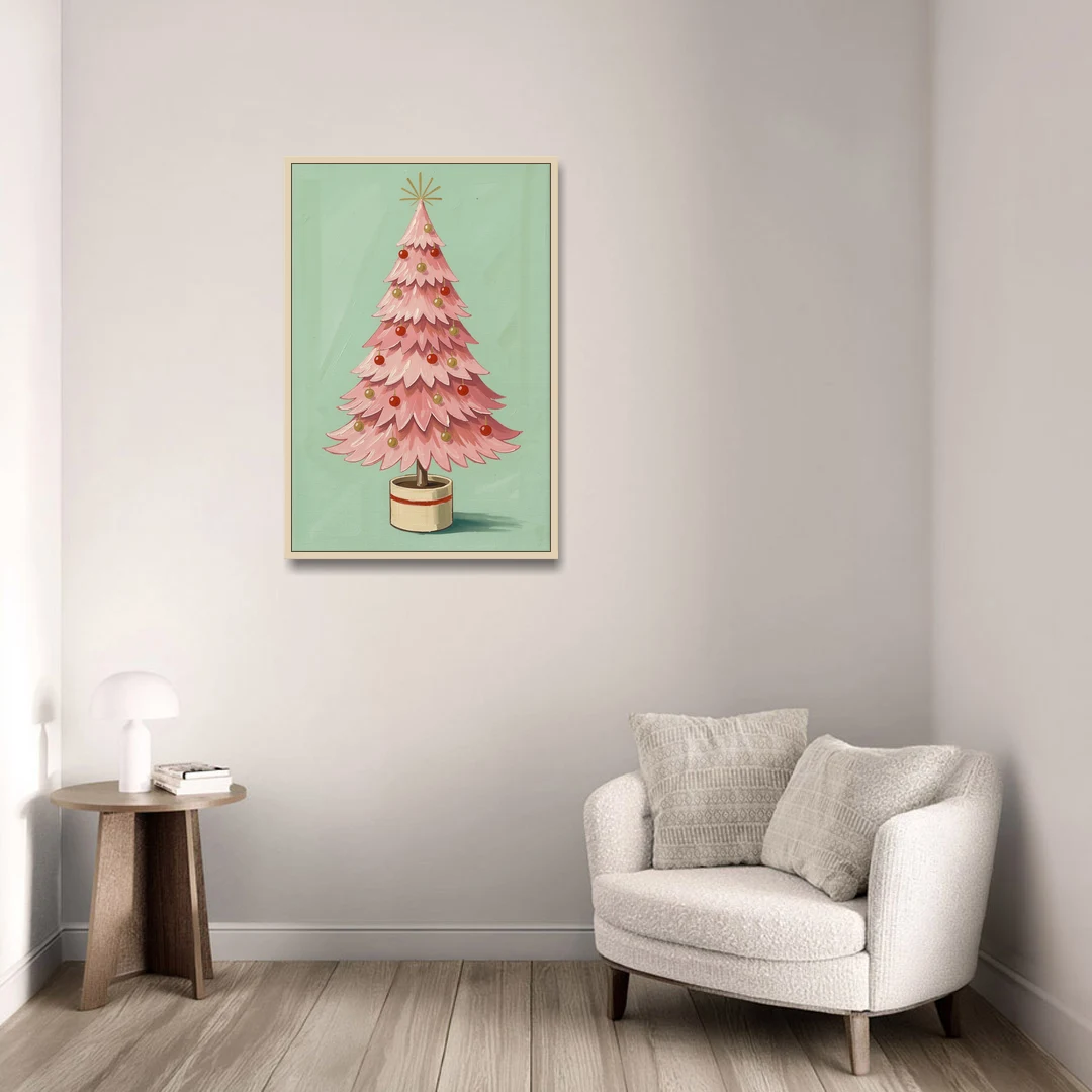 Pink Christmas Tree Painting in a Cream Drum Pot - Oak Framed Canvas Wall Art - Sofa - 24x36