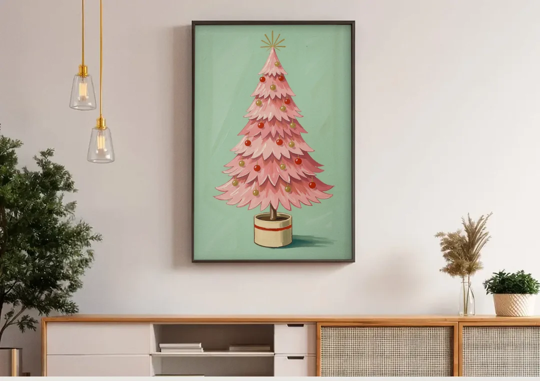 Pink Christmas Tree Painting in a Cream Drum Pot canvas wall art above a wooden sideboard under pendant lights