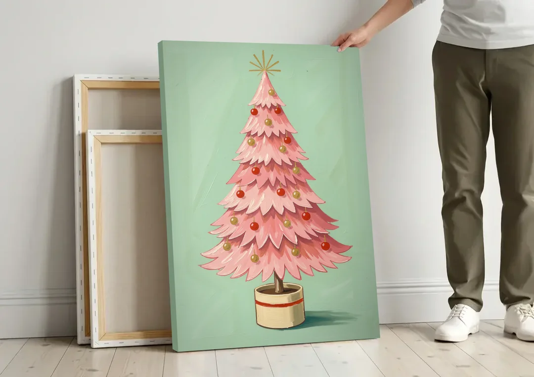 Pink Christmas Tree Painting in a Cream Drum Pot canvas wall art leaning against a wall next to blank canvases