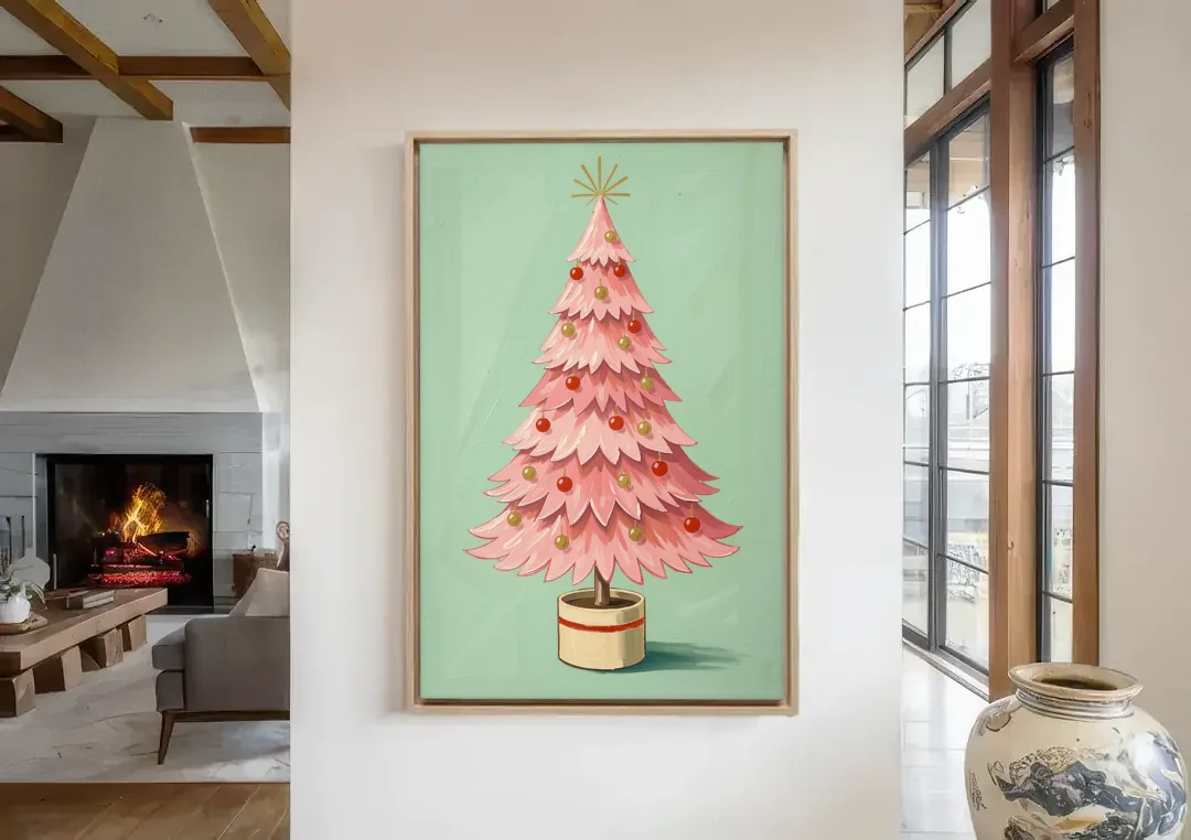 Pink Christmas Tree Painting in a Cream Drum Pot canvas wall art in a living room with a fireplace