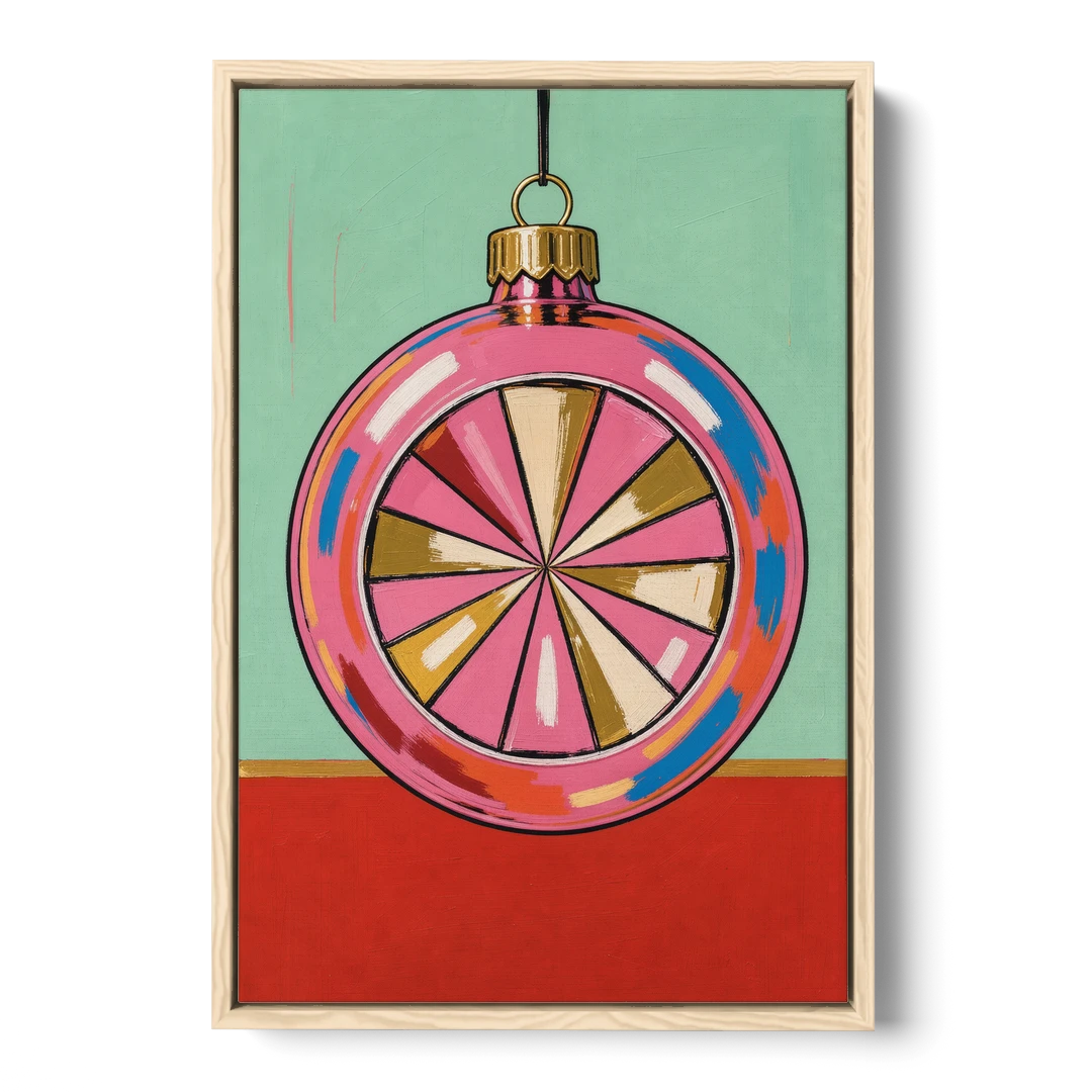 Pink Christmas Wall Art of a Glass Reflector Ornament - Oak Framed Canvas Wall Art - Front
