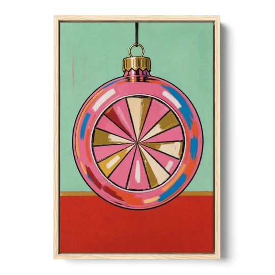 Pink Christmas Wall Art of a Glass Reflector Ornament - Oak Framed Canvas Wall Art - Front