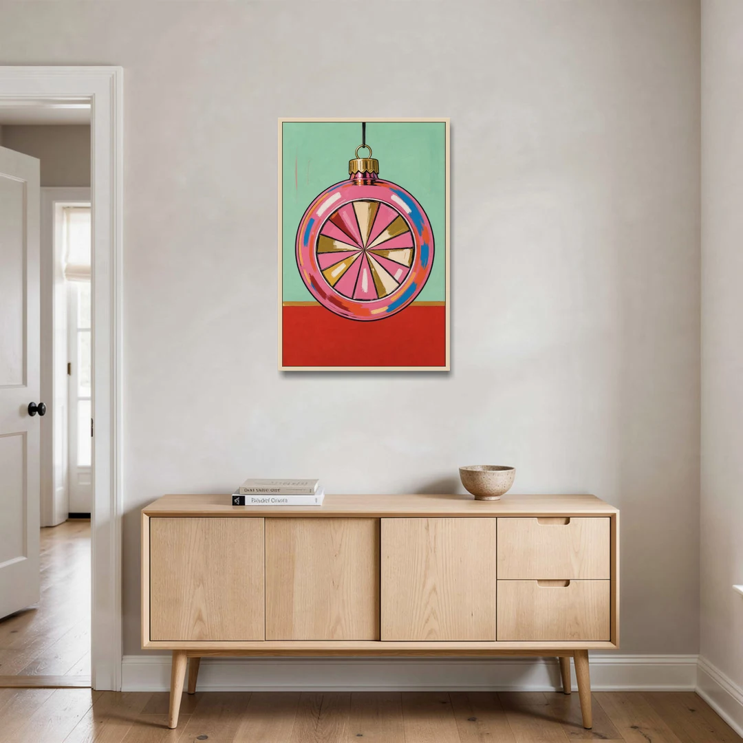 Pink Christmas Wall Art of a Glass Reflector Ornament - Oak Framed Canvas Wall Art - Coffee Table - 24x36