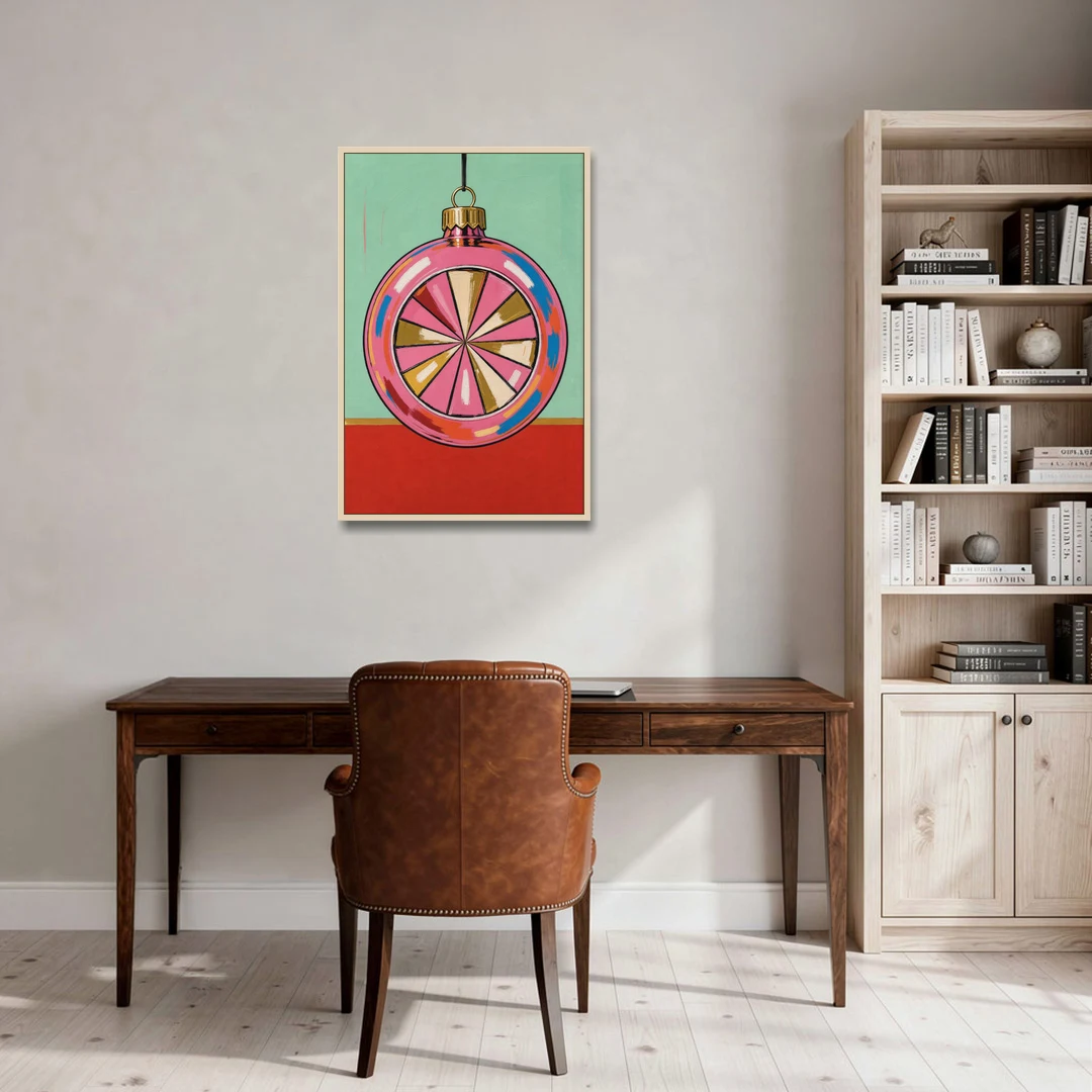 Pink Christmas Wall Art of a Glass Reflector Ornament - Oak Framed Canvas Wall Art - Office - 24x36