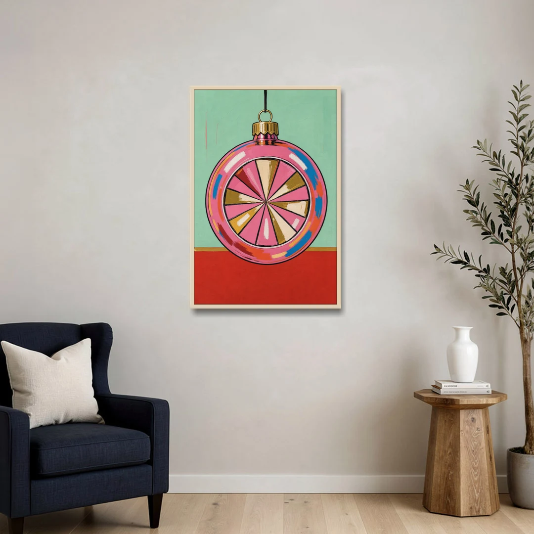 Pink Christmas Wall Art of a Glass Reflector Ornament - Oak Framed Canvas Wall Art - Sofa - 24x36