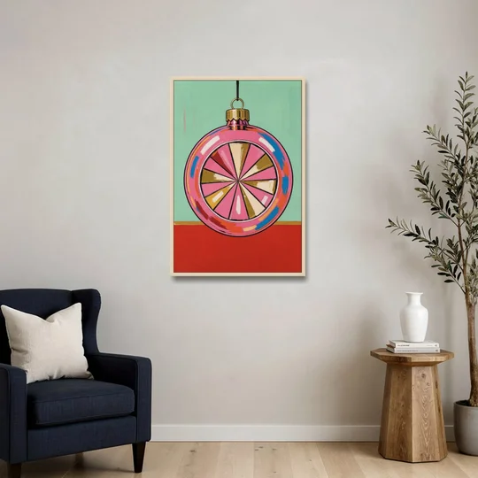 Pink Christmas Wall Art of a Glass Reflector Ornament - Oak Framed Canvas Wall Art - Sofa - 24x36