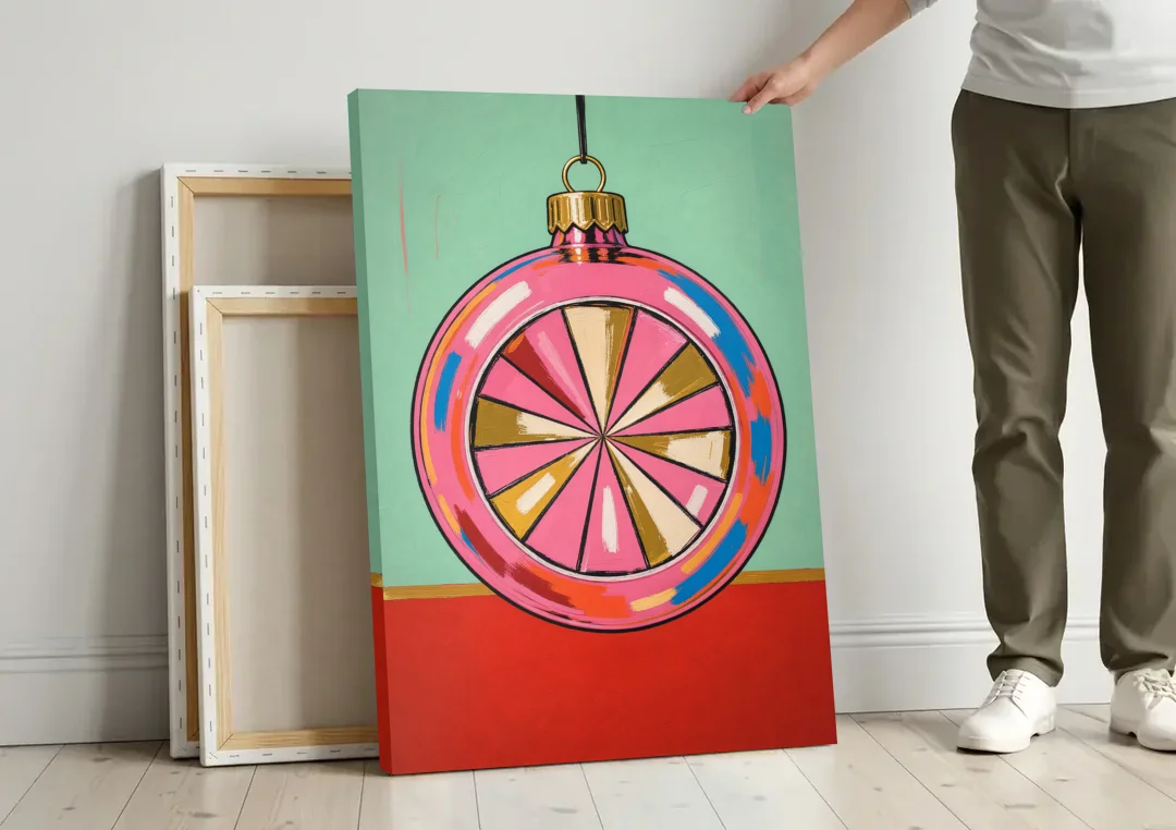 Pink Christmas Wall Art of a Glass Reflector Ornament canvas wall art leaning against a wall next to blank canvases