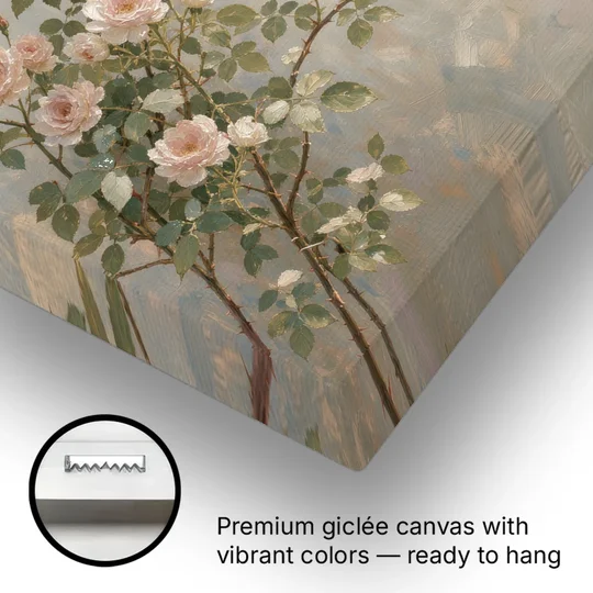 Pink Floral Canvas Art of Rambling Rose Canes - Canvas Wall Art - Gallery Wrap Corner