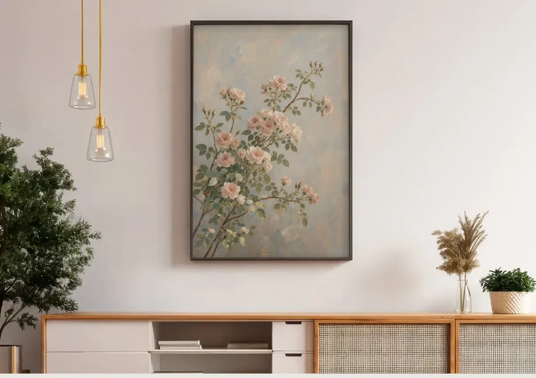 Pink Floral Canvas Art of Rambling Rose Canes canvas wall art above a wooden sideboard under pendant lights