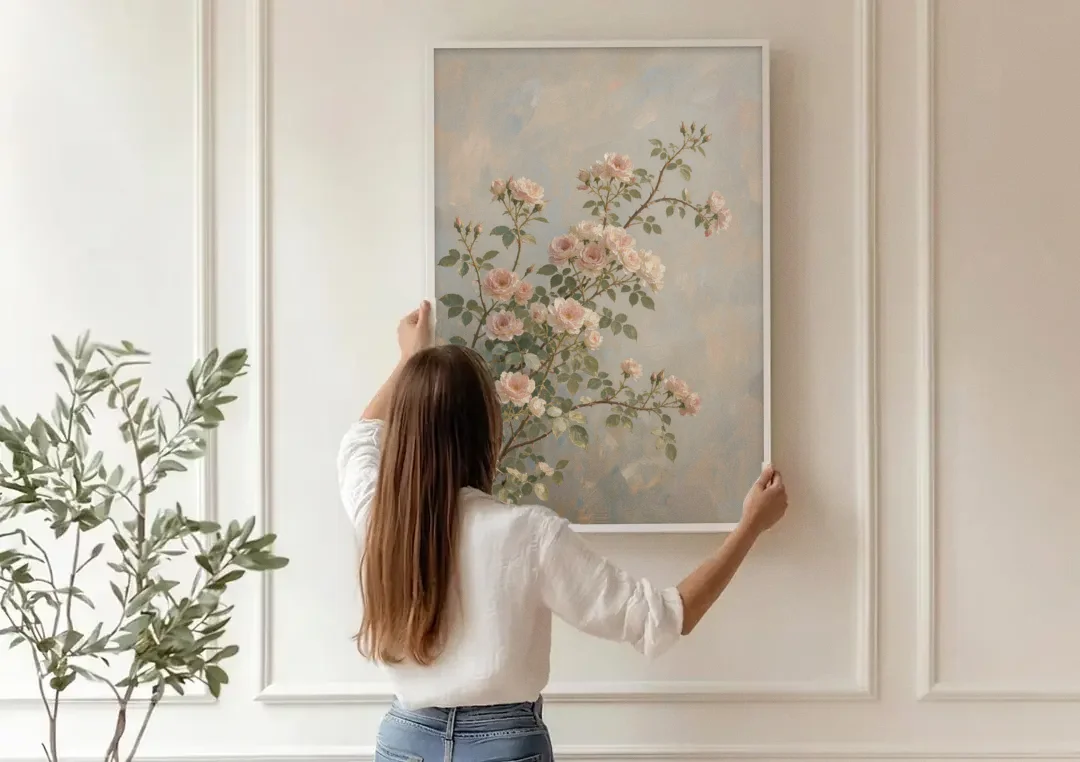 Pink Floral Canvas Art of Rambling Rose Canes canvas wall art being hung on a paneled wall