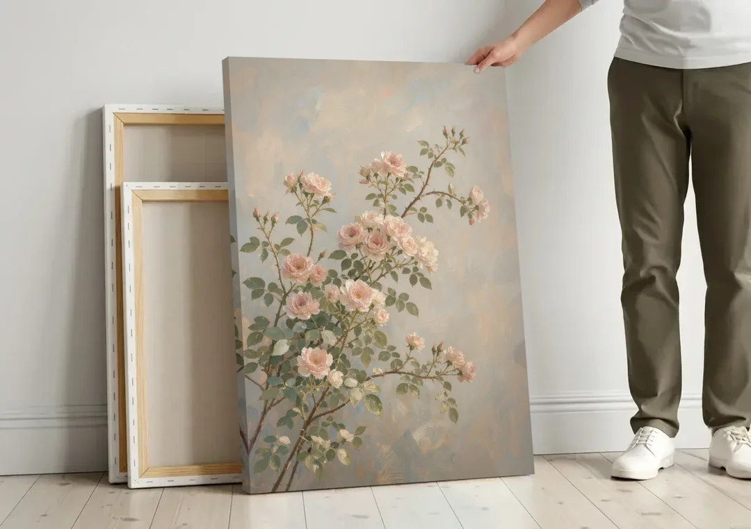 Pink Floral Canvas Art of Rambling Rose Canes canvas wall art leaning against a wall next to blank canvases